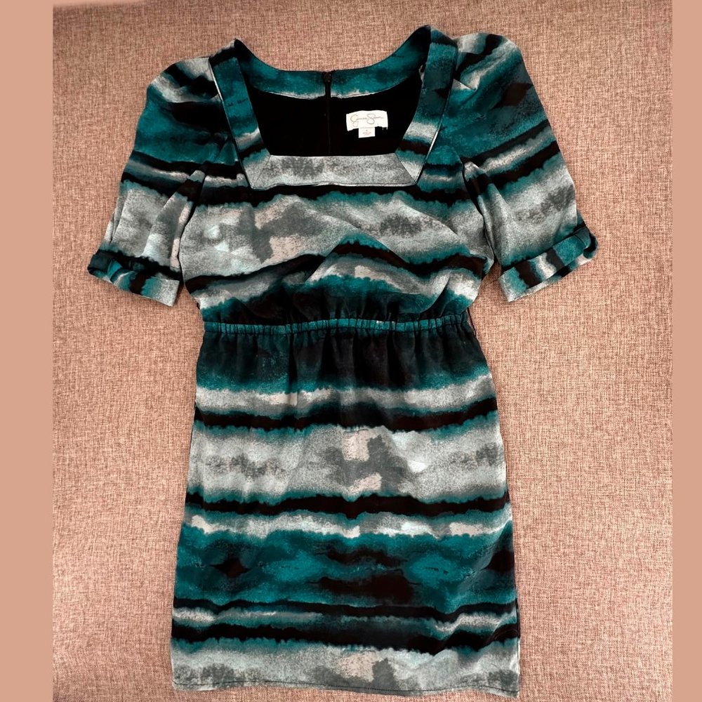 Jessica Simpson Dress Green Black Gray Square Neck Elastic Waist Lined Polyester
